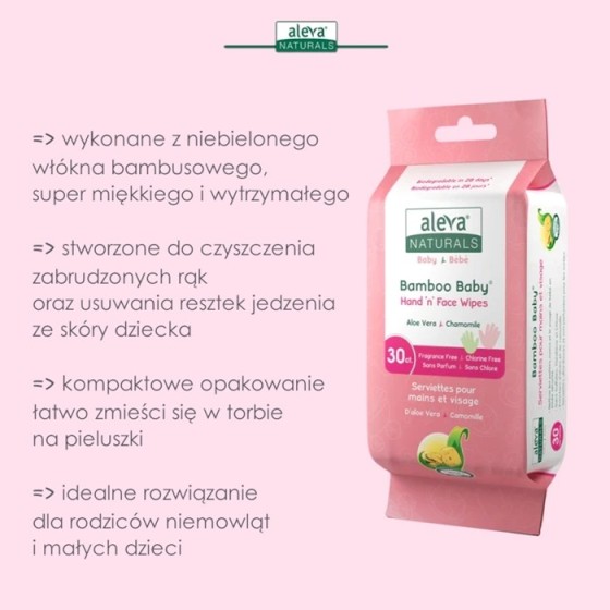 Aleva Naturals® Bamboo Baby® Bambusowe Chusteczki Nawilżane do Rąk i Buzi 30szt.