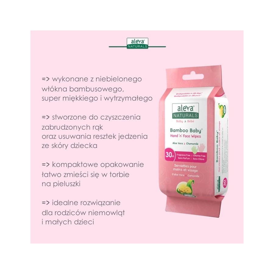 Aleva Naturals® Bamboo Baby® Bambusowe Chusteczki Nawilżane do Rąk i Buzi 30szt.