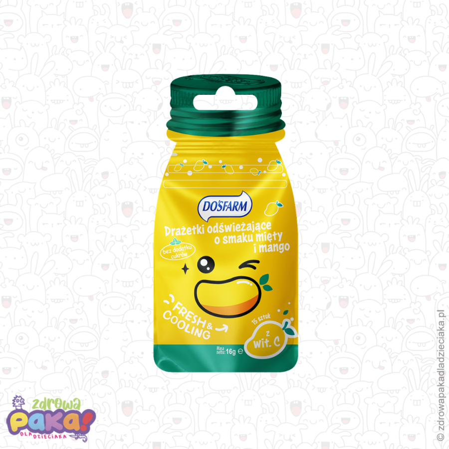 Drażetki odświeżające o smaku mango i mięty z witamina C, 16 g, Dosfarm Drażetki odświeżające o smaku mango i mięty z witamina C, 16 g, Dosfarm
