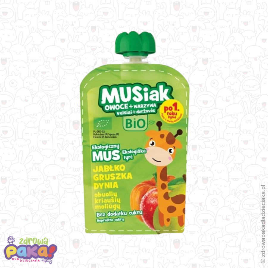 Mus owocowo- warzywny jabłko gruszka dynia BIO, 100 g, MUSIAKI Mus owocowo- warzywny jabłko gruszka dynia BIO, 100 g, MUSIAKI