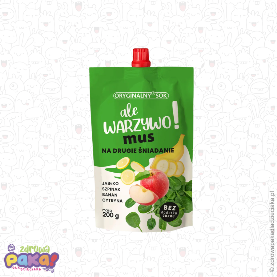 Mus: jabłko, szpinak, banan i cytryna bez dodatku cukru, 200 g, Oryginalny Sok Mus: jabłko, szpinak, banan i cytryna bez dodatku cukru, 200 g, Oryginalny Sok