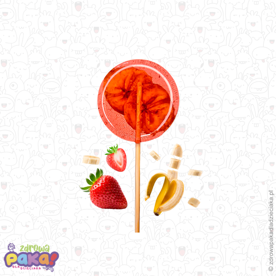 Lizak bez cukru z owocem w środku o smaku Truskawka-Banan,17g±2 g, TimPops Lizak bez cukru z owocem w środku o smaku Truskawka-Banan,17g±2 g, TimPops