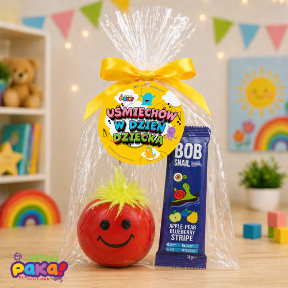 Upominek dla dzieci – gniotek i przekąska owocowa | zestaw FUN