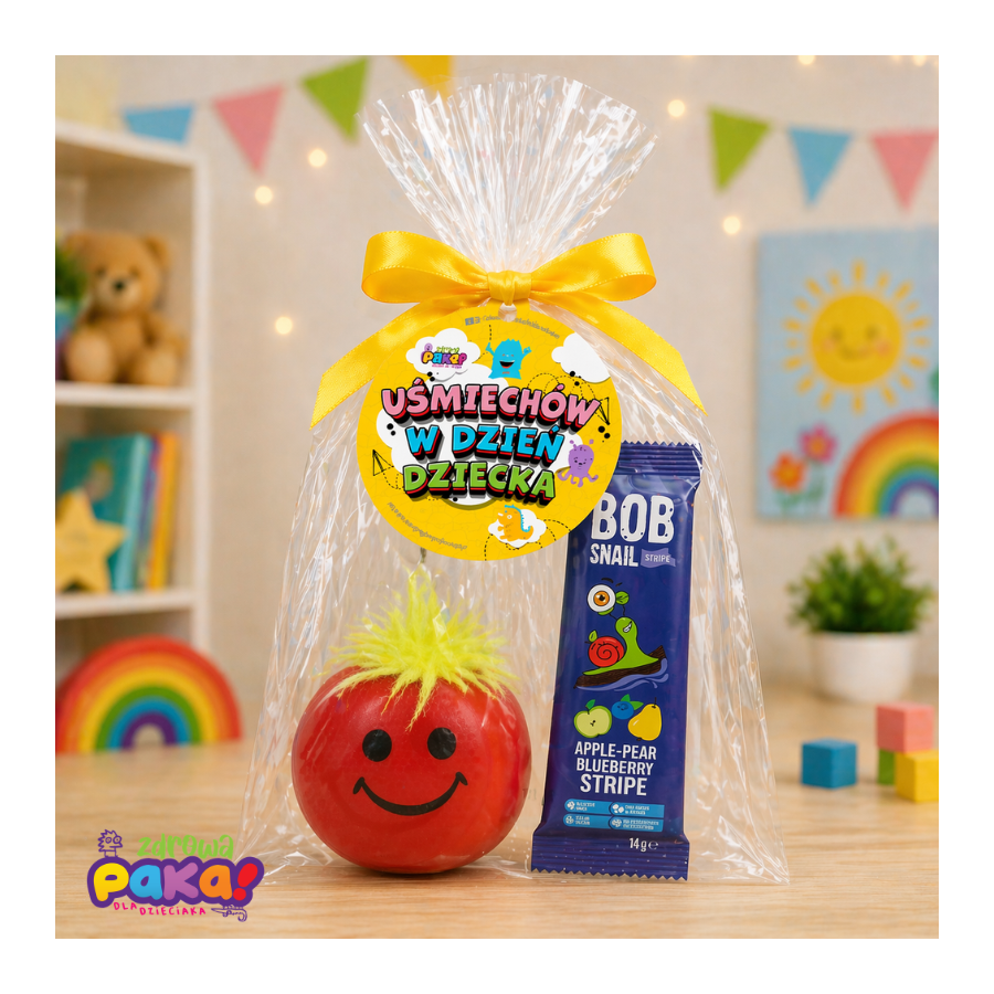 Upominek dla dzieci – gniotek i przekąska owocowa | zestaw FUN